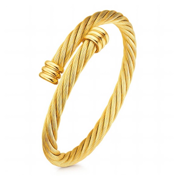 Jewelry - Twisted 18K Gold Plated Cable Cuff Adjustable Stainless Steel Bangle Bracelet